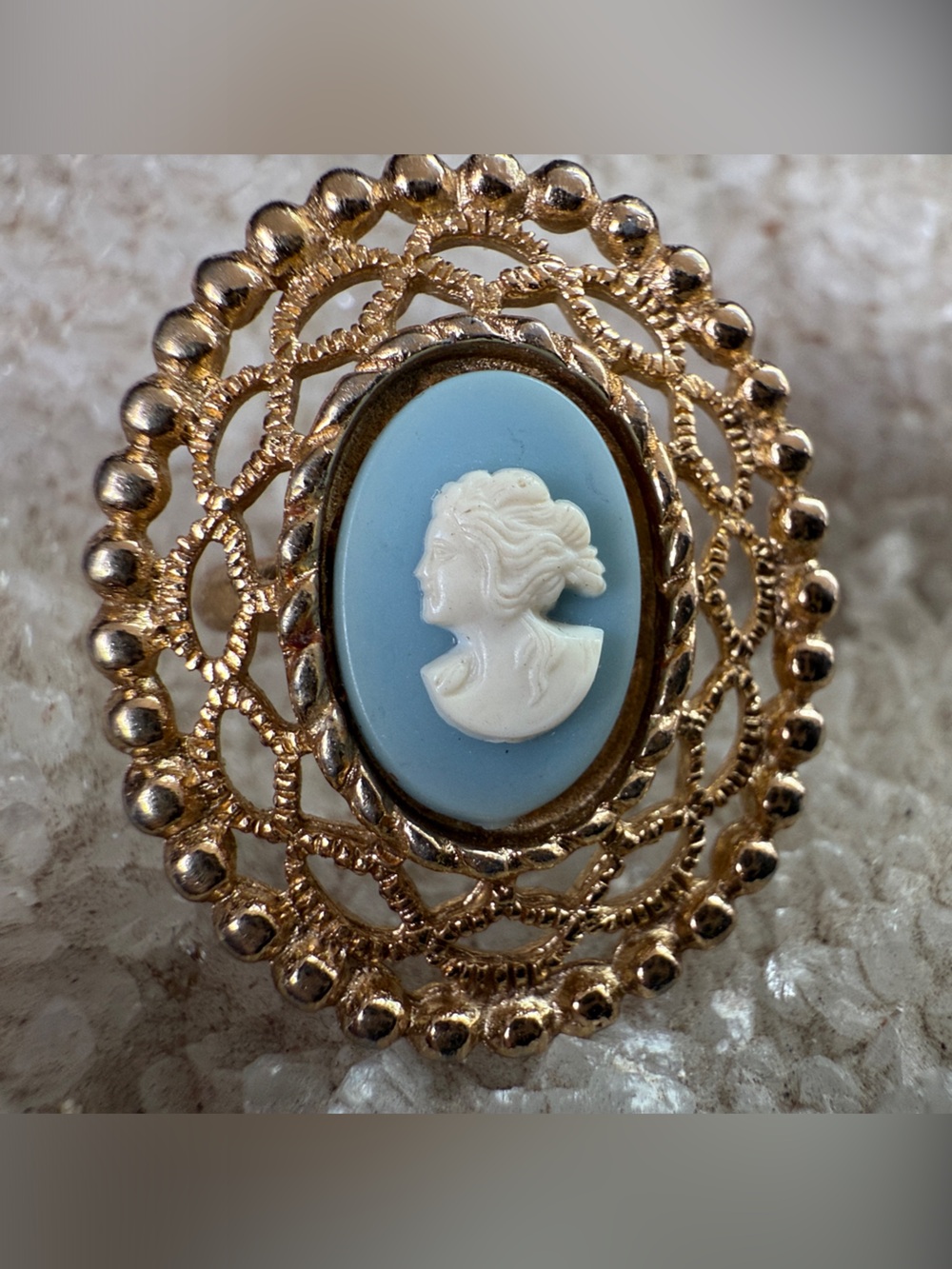 Vintage Sarah Coventry Cameo in Gold-Tone with Sky Blue Oval